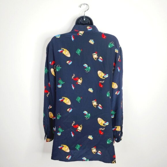 Vintage Liz Claiborne Pure Silk Equestrian Novelty Military Print Preppy Blouse - Picture 3 of 8